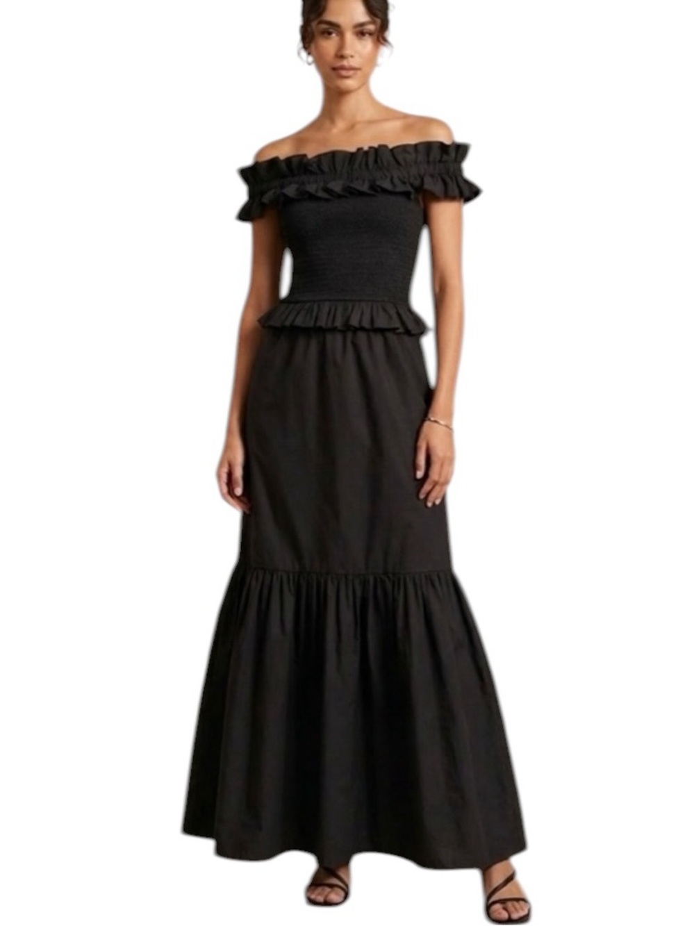 NWT Caroline Constas Poplin Ruffle Tiered Off the Shoulder Dress Sz S Black